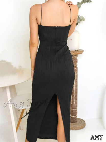 Amy Fashion - Sexy Women Ruched Sleeveless Slim Solid Summer Party Back Split Clubwear Female