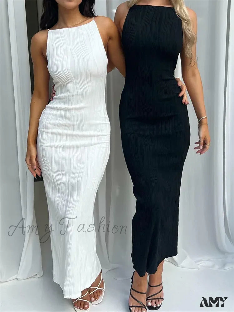 Amy Fashion - Sexy Women Ruched Sleeveless Slim Solid Summer Party Back Split Clubwear Female