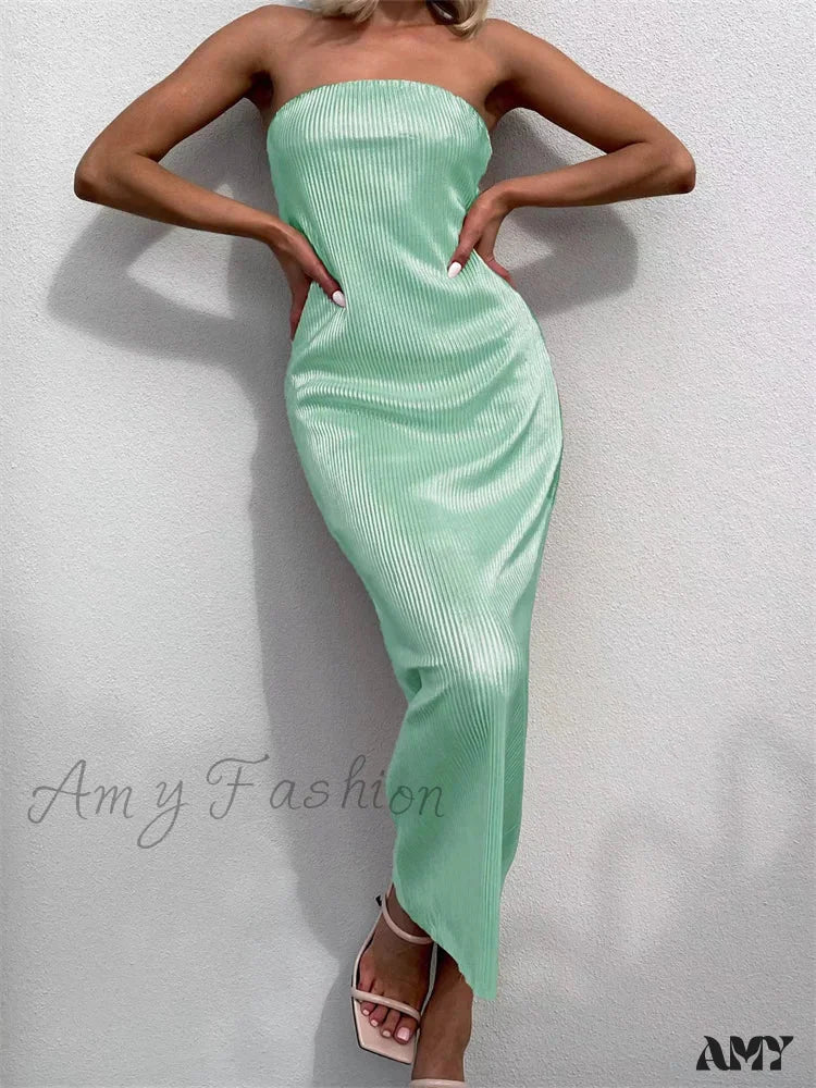 Amy Fashion - Sexy Women Ruched Tube Strapless Off Shoulder Bodycon Solid Color Summer Party Female