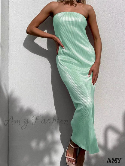 Amy Fashion - Sexy Women Ruched Tube Strapless Off Shoulder Bodycon Solid Color Summer Party Female