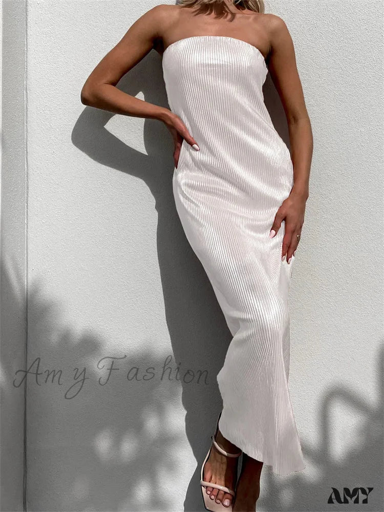 Amy Fashion - Sexy Women Ruched Tube Strapless Off Shoulder Bodycon Solid Color Summer Party Female