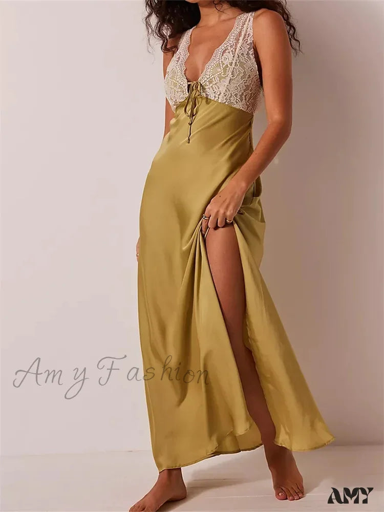 Amy Fashion - Sexy Women Side High Split Sleeveless Deep V-Neck Backless Summer Lace Trim Cocktail