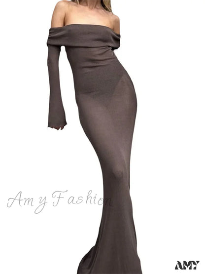 Amy Fashion - Sexy Women Slash Neck Off Shoulder Party Formal Spring Autumn Sleeve Slim Solid