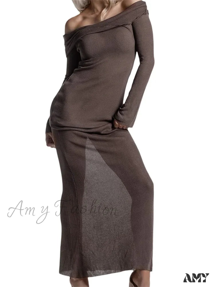 Amy Fashion - Sexy Women Slash Neck Off Shoulder Party Formal Spring Autumn Sleeve Slim Solid