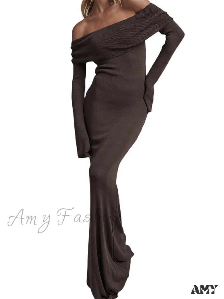 Amy Fashion - Sexy Women Slash Neck Off Shoulder Party Formal Spring Autumn Sleeve Slim Solid