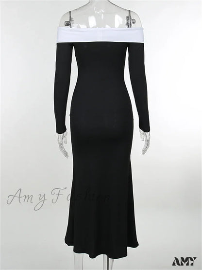 Amy Fashion - Sexy Women Slash Neck Off Shoulder Sleeve Contrast Color Slim Fit Party Formal Female