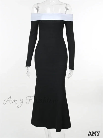 Amy Fashion - Sexy Women Slash Neck Off Shoulder Sleeve Contrast Color Slim Fit Party Formal Female