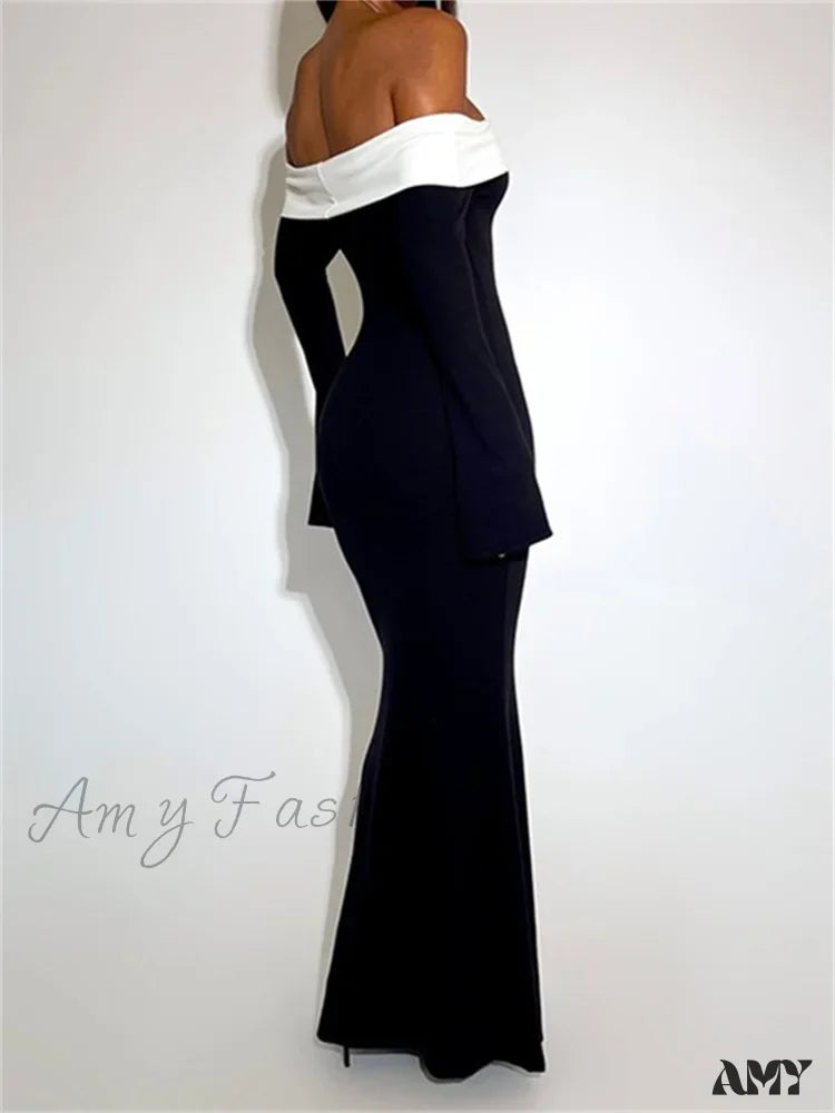 Amy Fashion - Sexy Women Slash Neck Off Shoulder Sleeve Contrast Color Slim Fit Party Formal Female