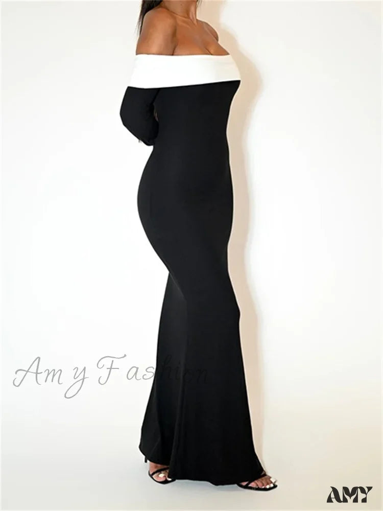 Amy Fashion - Sexy Women Slash Neck Off Shoulder Sleeve Contrast Color Slim Fit Party Formal Female