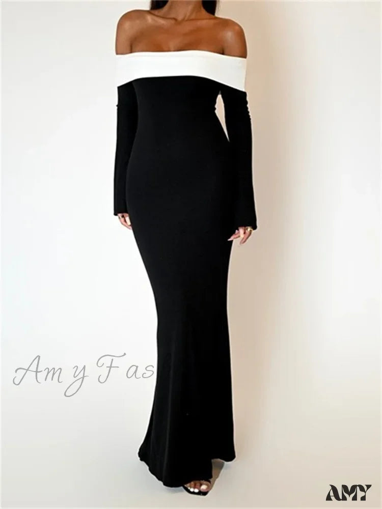 Amy Fashion - Sexy Women Slash Neck Off Shoulder Sleeve Contrast Color Slim Fit Party Formal Female