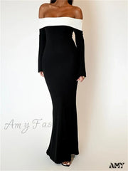 Amy Fashion - Sexy Women Slash Neck Off Shoulder Sleeve Contrast Color Slim Fit Party Formal Female