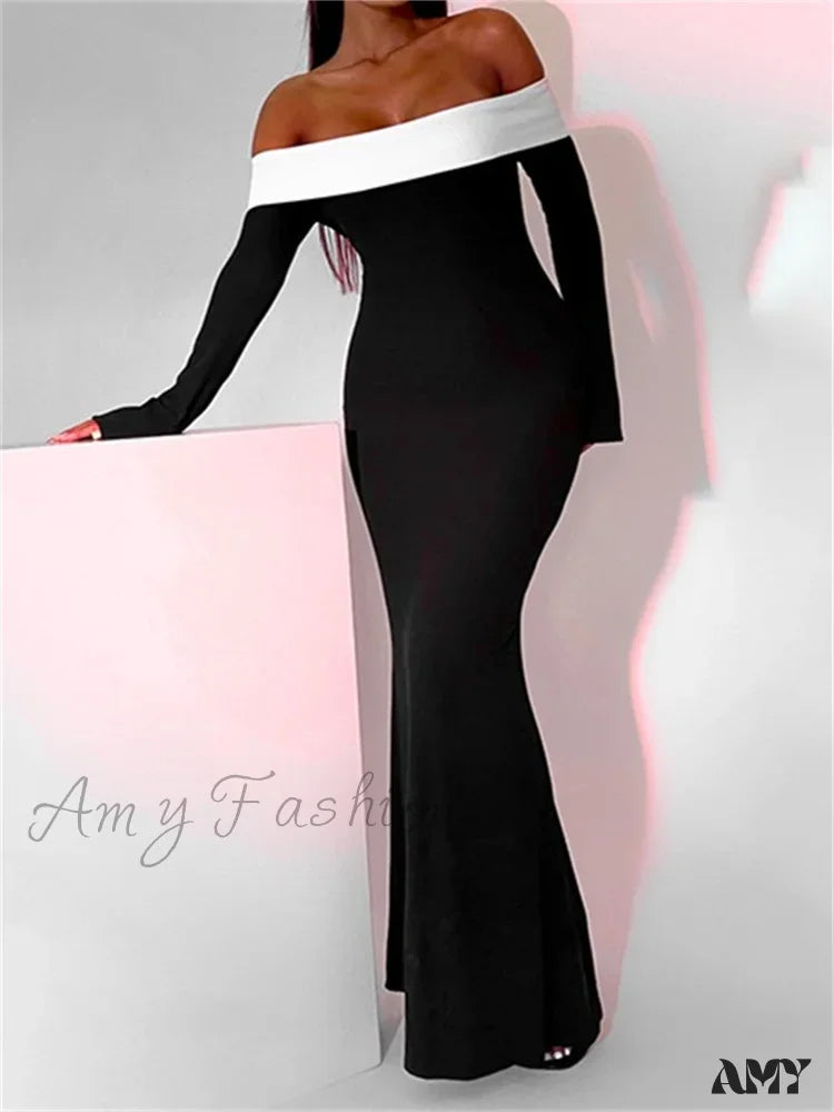 Amy Fashion - Sexy Women Slash Neck Off Shoulder Sleeve Contrast Color Slim Fit Party Formal Female