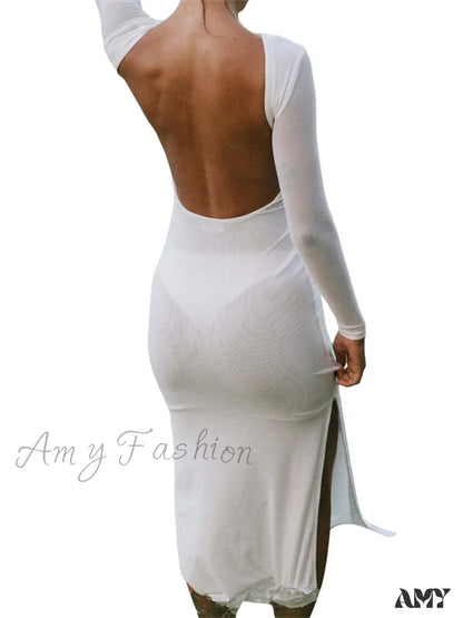 Amy Fashion - Sexy Women Sleeve Crew Neck Backless Solid Color Slim Fit Side Split Beach Party