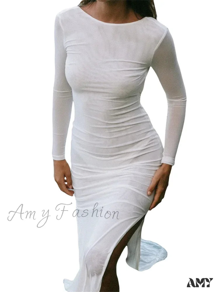 Amy Fashion - Sexy Women Sleeve Crew Neck Backless Solid Color Slim Fit Side Split Beach Party