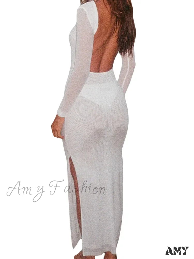 Amy Fashion - Sexy Women Sleeve Crew Neck Backless Solid Color Slim Fit Side Split Beach Party