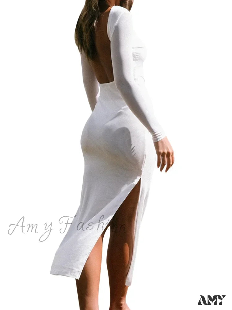 Amy Fashion - Sexy Women Sleeve Crew Neck Backless Solid Color Slim Fit Side Split Beach Party