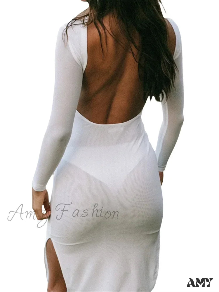 Amy Fashion - Sexy Women Sleeve Crew Neck Backless Solid Color Slim Fit Side Split Beach Party