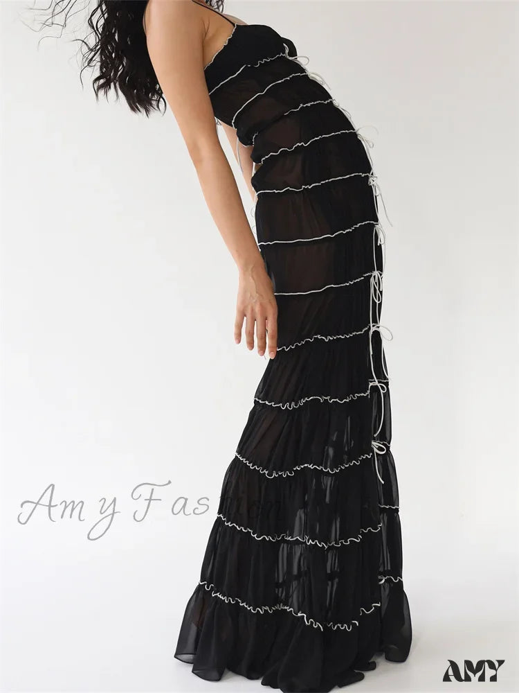 Amy Fashion - Sexy Women Sleeveless Casual Sling Spaghetti Strap See Through Tie-Up Y2K Party