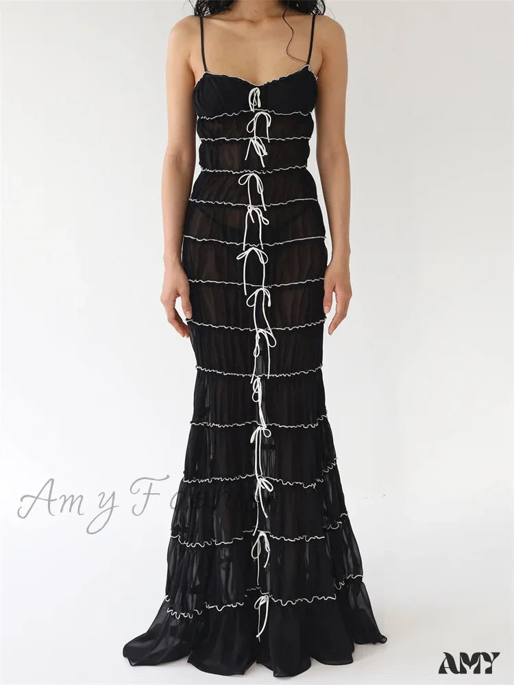 Amy Fashion - Sexy Women Sleeveless Casual Sling Spaghetti Strap See Through Tie-Up Y2K Party