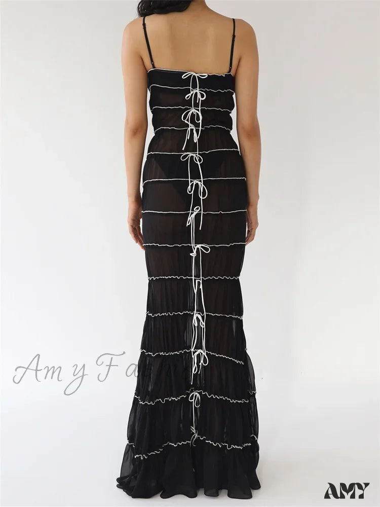 Amy Fashion - Sexy Women Sleeveless Casual Sling Spaghetti Strap See Through Tie-Up Y2K Party