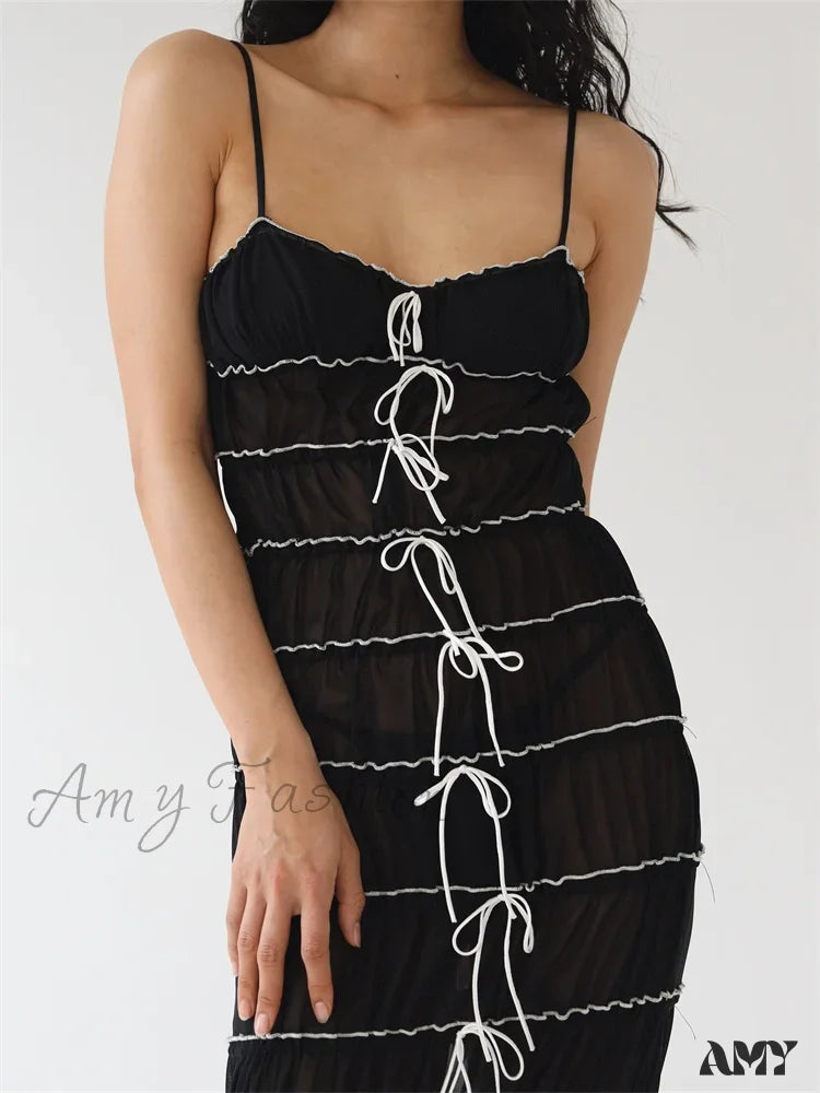 Amy Fashion - Sexy Women Sleeveless Casual Sling Spaghetti Strap See Through Tie-Up Y2K Party