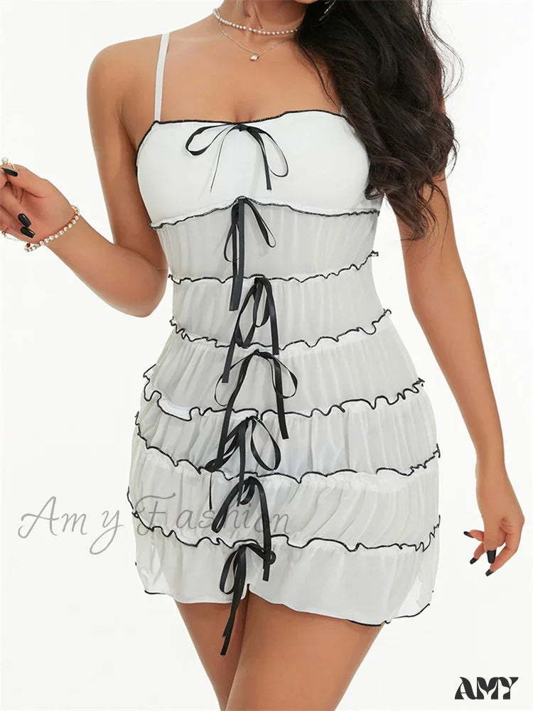 Amy Fashion - Sexy Women Sleeveless Casual Sling Spaghetti Strap See Through Tie-Up Y2K Party