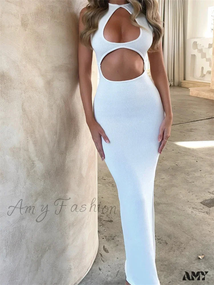 Amy Fashion - Sexy Women Sleeveless Evening White Backless Hollow Out Summer Party Club Female