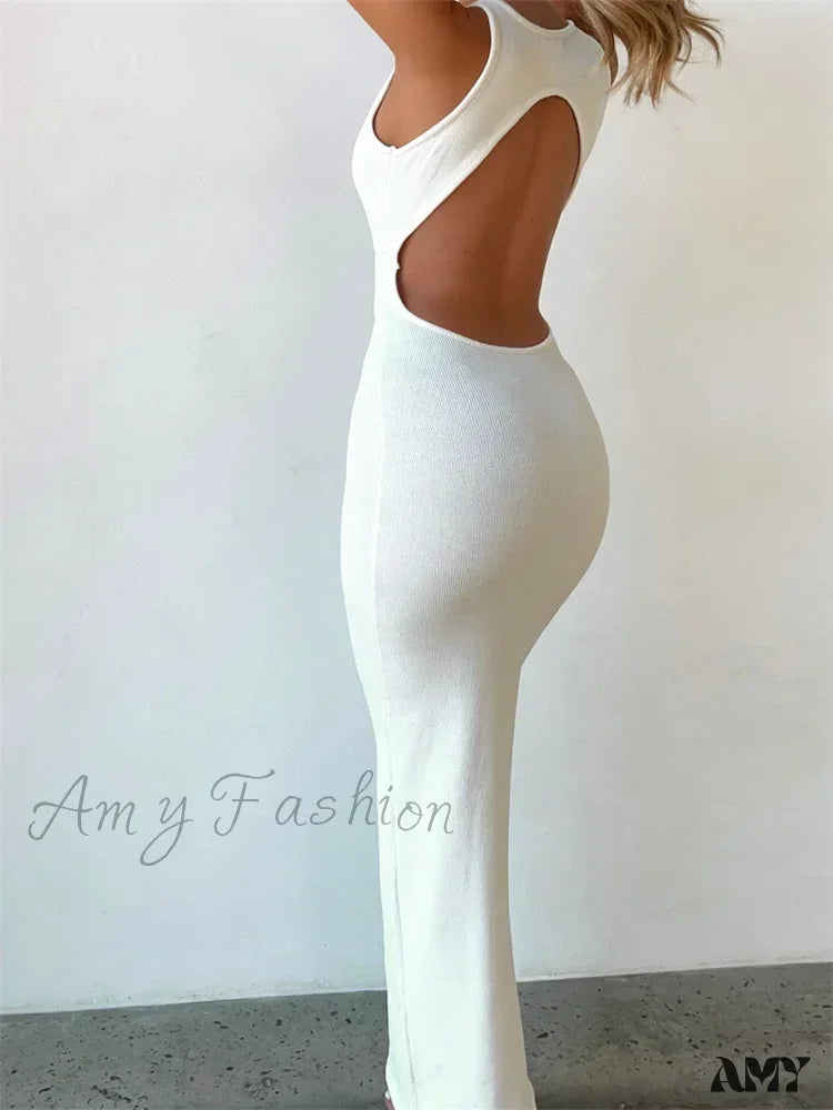 Amy Fashion - Sexy Women Sleeveless Evening White Backless Hollow Out Summer Party Club Female