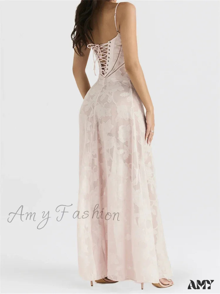 Amy Fashion - Sexy Women Sleeveless Spaghetti Strap Sling Lace Floral Backless Criss-Cross Tie-Up