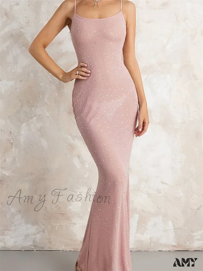 Amy Fashion - Sexy Women Sleeveless Strap Slim Sparkle Rhinestone Low Cut Trumpet Summer Party