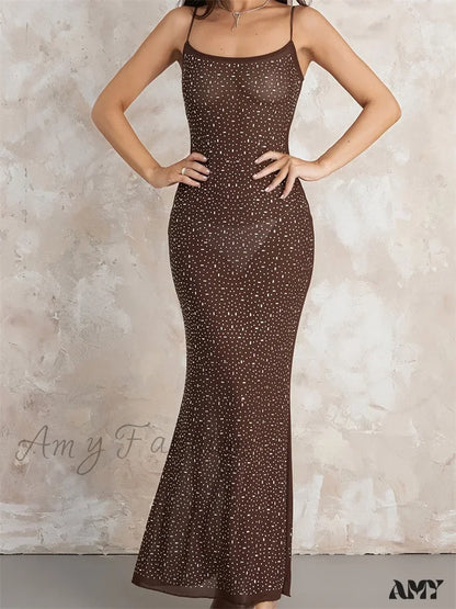 Amy Fashion - Sexy Women Sleeveless Strap Slim Sparkle Rhinestone Low Cut Trumpet Summer Party