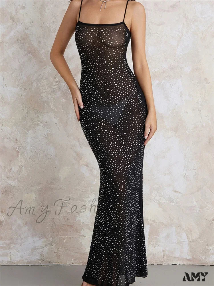 Amy Fashion - Sexy Women Sleeveless Strap Slim Sparkle Rhinestone Low Cut Trumpet Summer Party