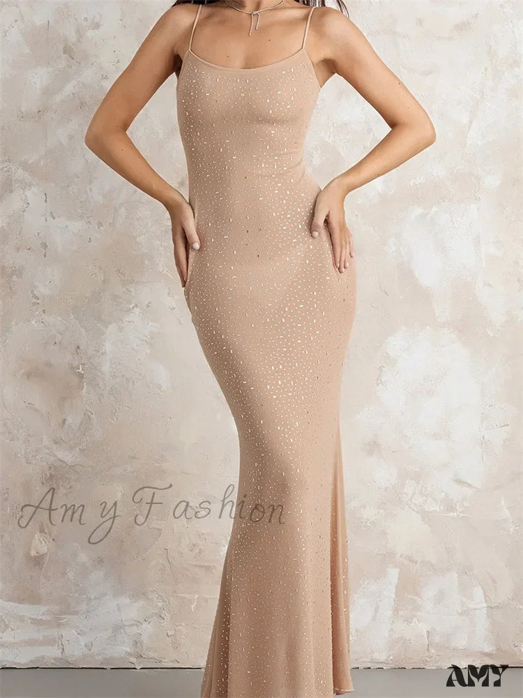 Amy Fashion - Sexy Women Sleeveless Strap Slim Sparkle Rhinestone Low Cut Trumpet Summer Party