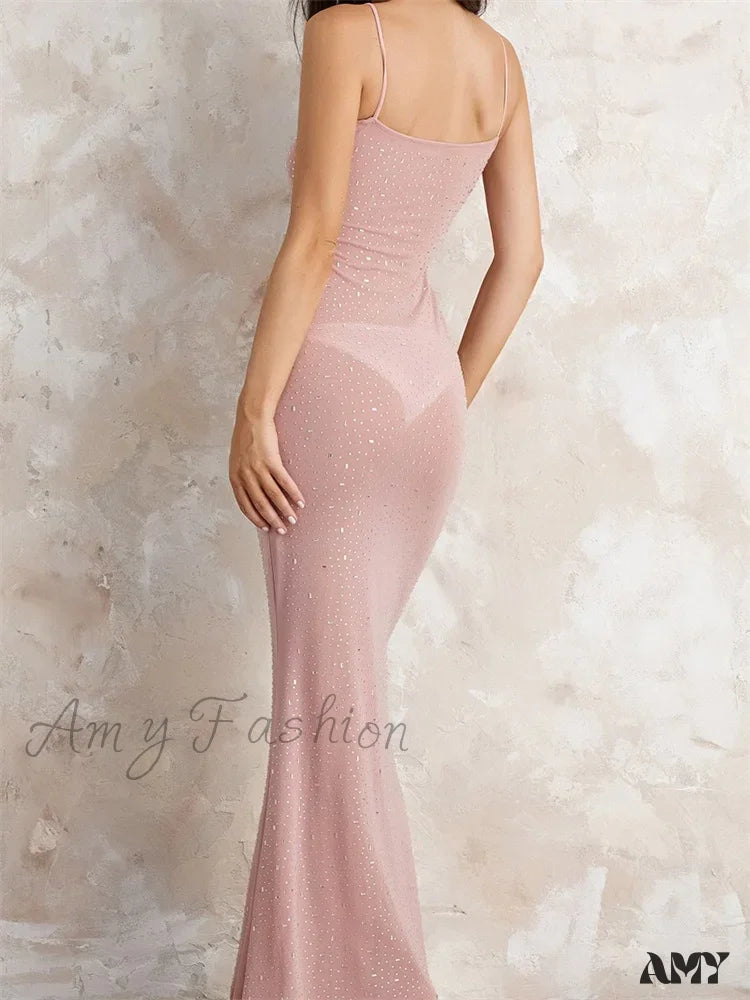 Amy Fashion - Sexy Women Sleeveless Strap Slim Sparkle Rhinestone Low Cut Trumpet Summer Party