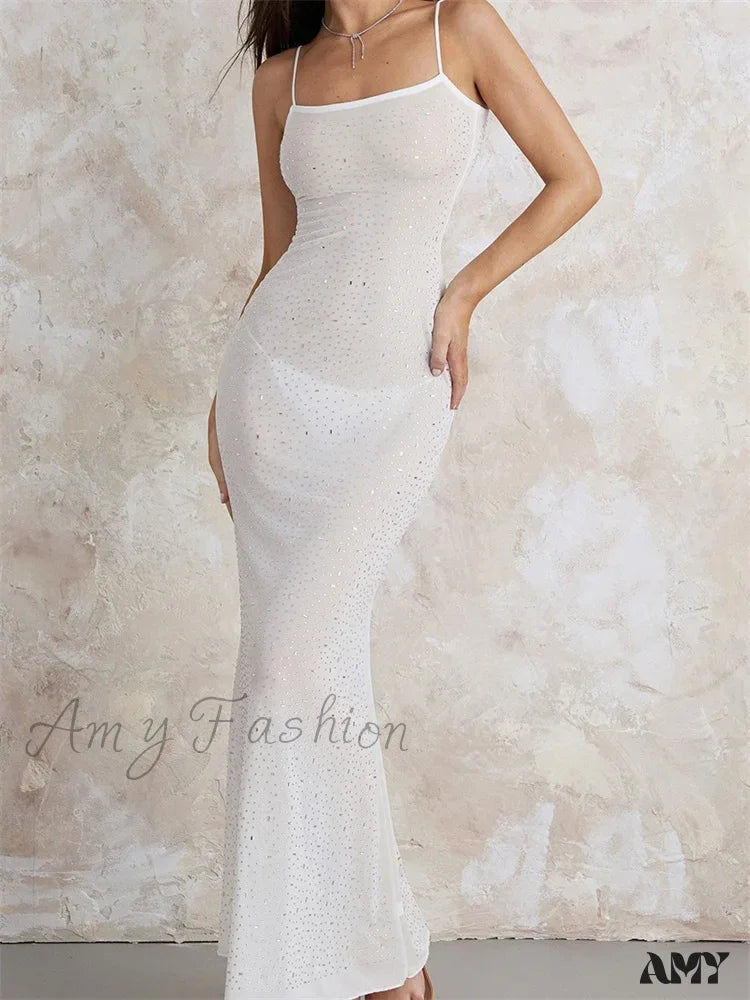 Amy Fashion - Sexy Women Sleeveless Strap Slim Sparkle Rhinestone Low Cut Trumpet Summer Party