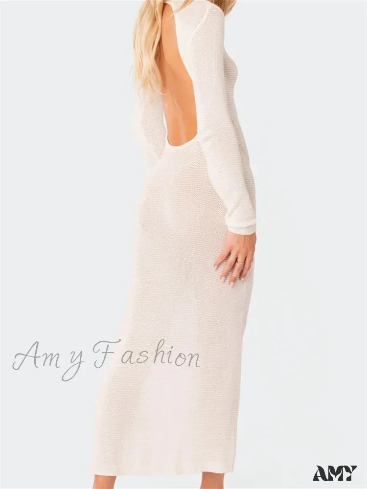 Amy Fashion - Sexy Women Summer Autumn Party Solid Round Neck Sleeve Backless Knitted Female