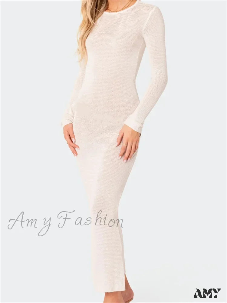 Amy Fashion - Sexy Women Summer Autumn Party Solid Round Neck Sleeve Backless Knitted Female