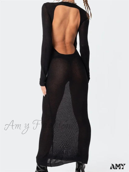 Amy Fashion - Sexy Women Summer Autumn Party Solid Round Neck Sleeve Backless Knitted Female