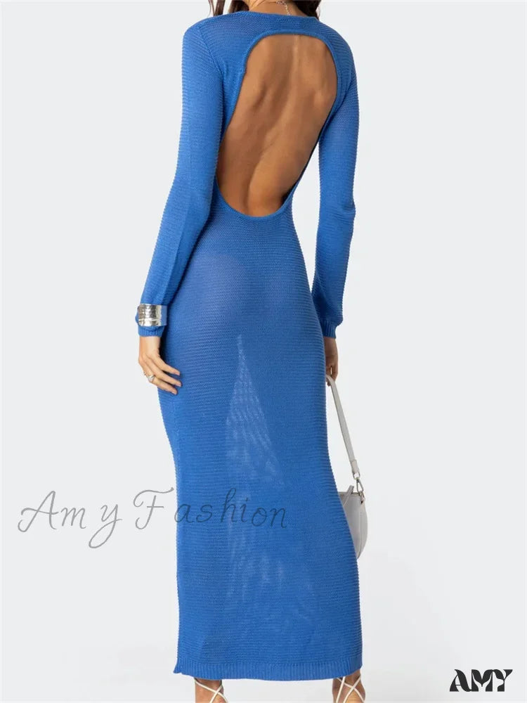 Amy Fashion - Sexy Women Summer Autumn Party Solid Round Neck Sleeve Backless Knitted Female