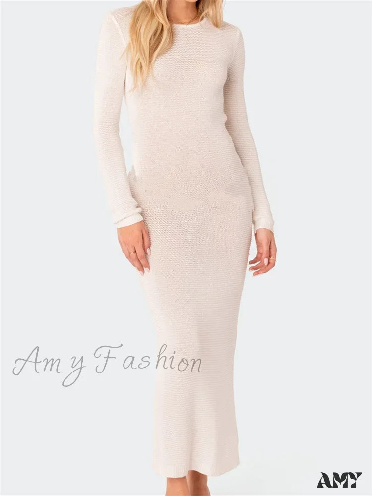 Amy Fashion - Sexy Women Summer Autumn Party Solid Round Neck Sleeve Backless Knitted Female