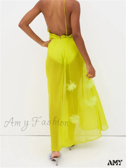 Amy Fashion - Sexy Women Summer Beach Sleeveless Halter Tie-Up Backless See-Through Flower Split