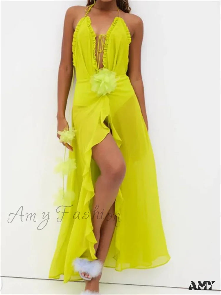 Amy Fashion - Sexy Women Summer Beach Sleeveless Halter Tie-Up Backless See-Through Flower Split