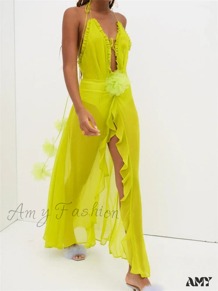 Amy Fashion - Sexy Women Summer Beach Sleeveless Halter Tie-Up Backless See-Through Flower Split