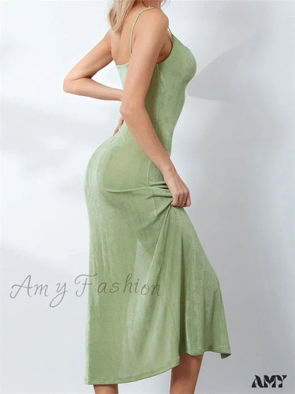 Amy Fashion - Sexy Women Summer High Split Solid Spaghetti Strap Square Neck Backless Slim Female