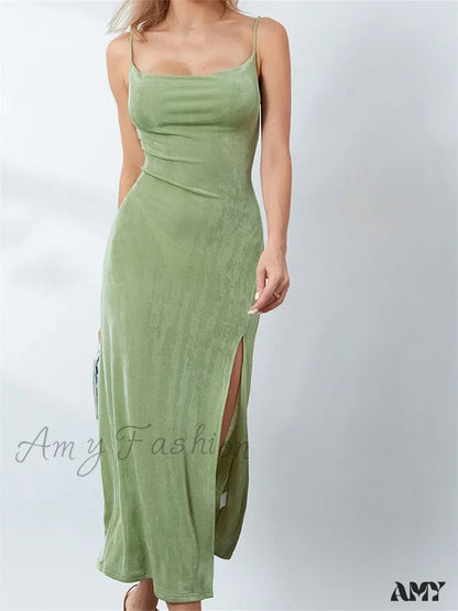 Amy Fashion - Sexy Women Summer High Split Solid Spaghetti Strap Square Neck Backless Slim Female