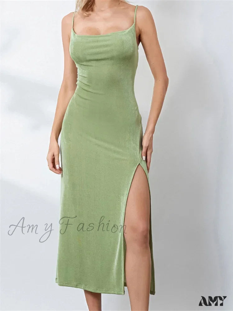 Amy Fashion - Sexy Women Summer High Split Solid Spaghetti Strap Square Neck Backless Slim Female