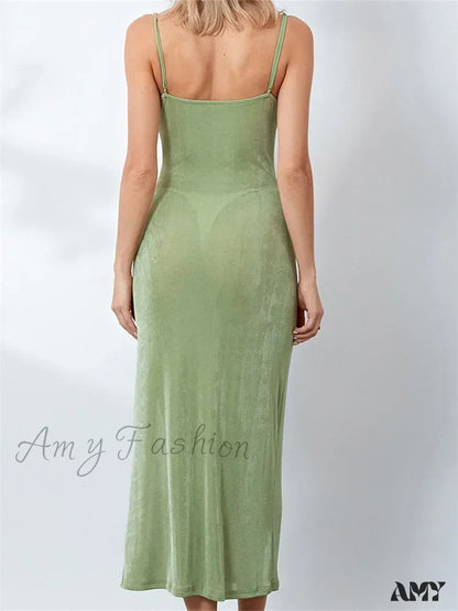 Amy Fashion - Sexy Women Summer High Split Solid Spaghetti Strap Square Neck Backless Slim Female