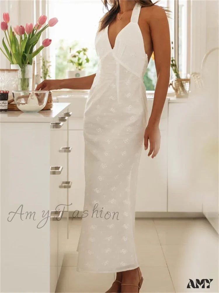 Amy Fashion - Sexy Women Summer Sleeveless V Neck Halter Off Shoulder Lace Embroidery Backless