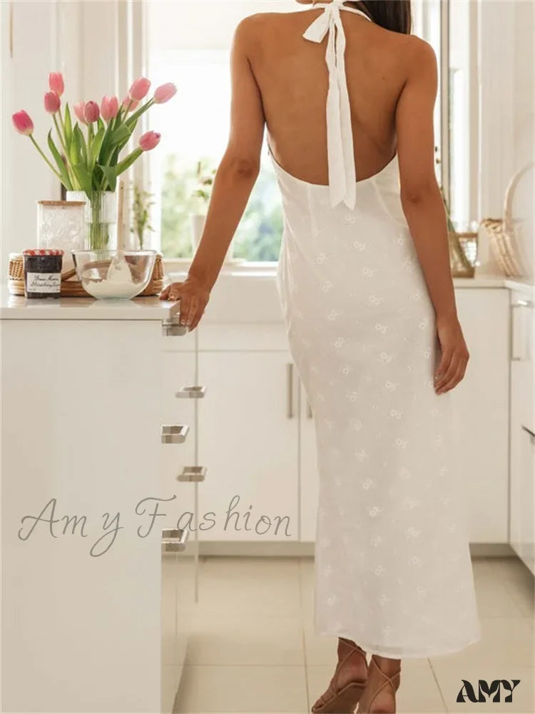 Amy Fashion - Sexy Women Summer Sleeveless V Neck Halter Off Shoulder Lace Embroidery Backless