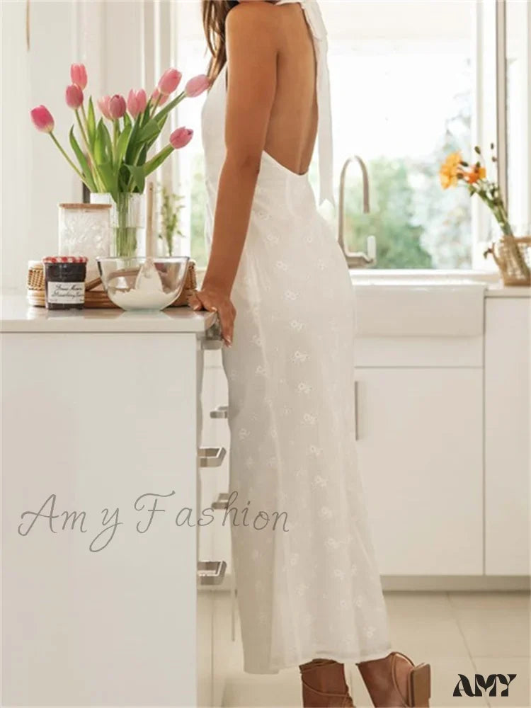 Amy Fashion - Sexy Women Summer Sleeveless V Neck Halter Off Shoulder Lace Embroidery Backless